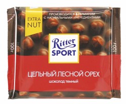 Шоколад, Ritter Sport (Риттер Спорт) 100 г Экстра нат цельный лесной орех темный